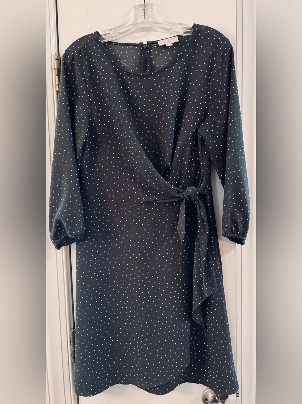 LOFT Black Polka Dot Midi Tie-Front Dress, New Without Tags, flattering, zip